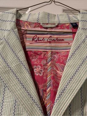 Robert Graham Mint and White Striped Seersucker Blazer with Pink Paisley Lining